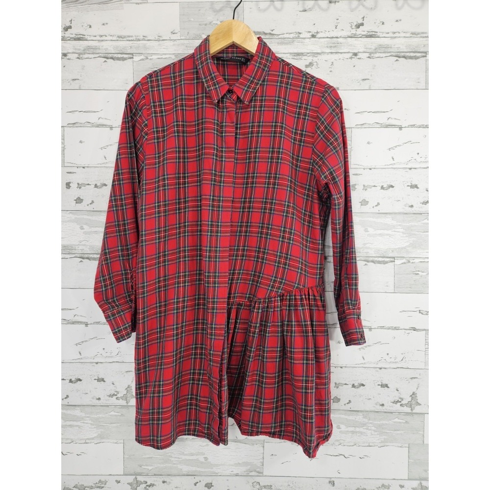 Zara Woman Red Plaid Shirt Dress Asymmetric Ruffle Hem Cotton Tartan Size M